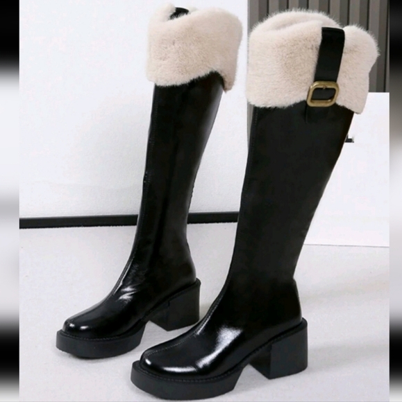 Elegant Black and Cream Women's Knee-High Boots - Picture 1 of 5